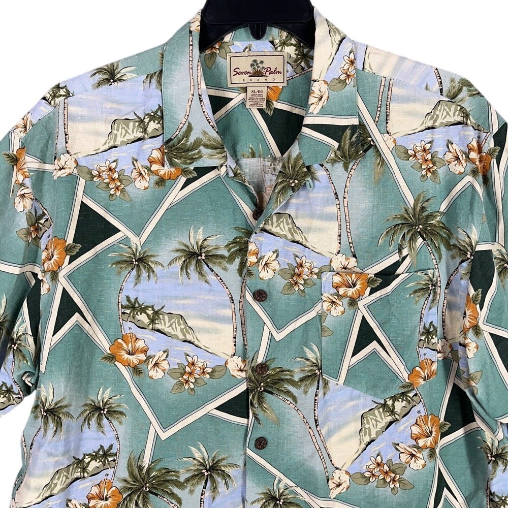 Seven Palm Shirt Mens XL Green Silk Hawaiian‎ Palm Tree Hibiscus Resort Style